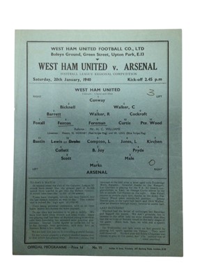 Lot 5 - West Ham v Arsenal 20th January 1940 Football League Regional Competition