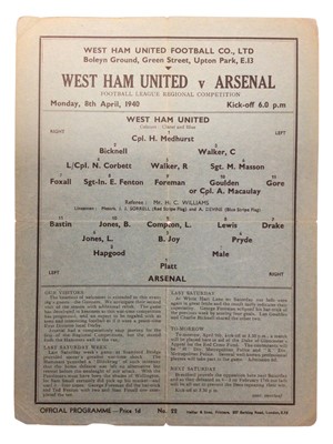 Lot 7 - West Ham v Arsenal 8th April 1940 Football League Regional Competition