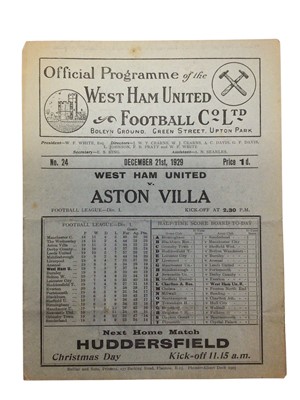 Lot 17 - West Ham v Aston Villa December 21st 1929 Football League Division 1