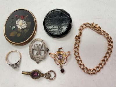 Lot 1077 - Edwardian Art Nouveau 9ct gold amethyst and seed pearl pendant, Victorian watch key, Victorian pietra dura brooch, Victorian jet brooch and a 9ct gold and silver synthetic stone ring