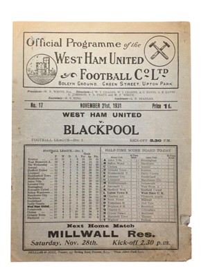 Lot 23 - West Ham v Blackpool November 21st 1931 Football League Division I