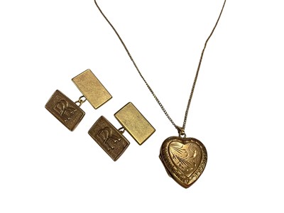 Lot 45 - Pair of Rolls Royce yellow metal cufflinks and a 9ct gold heart shaped locket on chain