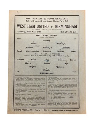 Lot 41 - West Ham v Birmingham 25th May 1940 Football League Cup Fourth Round