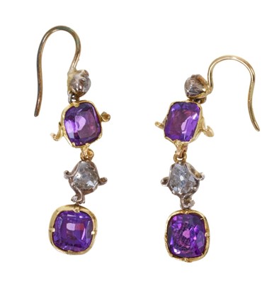 Lot 369 - Pair of antique diamond and amethyst pendant earrings