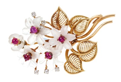 Lot 365 - 1950s 18ct gold rock crystal, ruby and diamond floral spray brooch