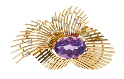 Lot 366 - 1960s amethyst and diamond stylised spray brooch