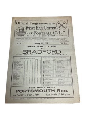 Lot 49 - West Ham v Bradford February 10th 1934 Football League Division II