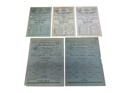 Lot 62 - West Ham v Brentford 26th May 1945 Friendly, 29th September 1945 Football League South, 10th April 1948, 25th April 1949, 1sr April 1950, all Football League Division 2 (5)