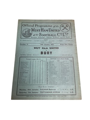 Lot 75 - West Ham v Bury 14th January 1939 Football League Division II