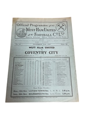 Lot 87 - West Ham v Coventry City November 13th 1937 Football League Division II
