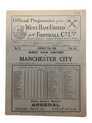 Lot 116 - West Ham v Manchester City February 22nd 1930 Football League Division I