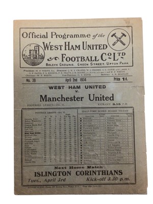Lot 122 - West Ham v Manchester United April 2nd 1934 Football League Division II