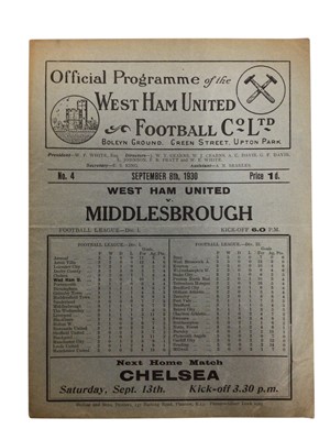 Lot 123 - West Ham v Middlesborough September 8th 1930 Football League Division I