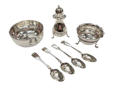 Lot 1181 - Silver sugar caster, silver sugar bowl, another silver bowl and four Victorian silver fiddle pattern teaspoons.