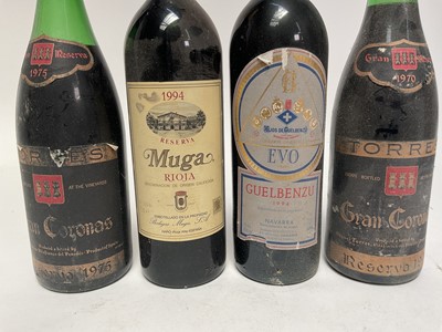 Lot 107 - Four bottles, Torres Gran Coronas Reserva 1970 and 1975, Evo Guelbenzu 1994, Muga Rioja 1994