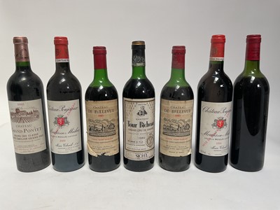 Lot 108 - Seven bottles, Chateau Poujeaux Moulis-en-Medoc 1996 and 2000, Chateau de Bellevue 1983 (x2), Chateau Grand-Pontet 2005, Chateau Tour Bicheau 1982 and Chateau Fombrauge (lacking label)