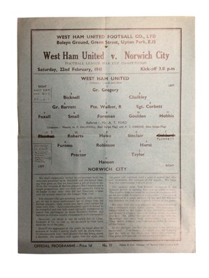 Lot 141 - West Ham v Norwich City 22nd February 1941 Football League War Cup Competition, 3rd December 1949 Football League Division II (2)
