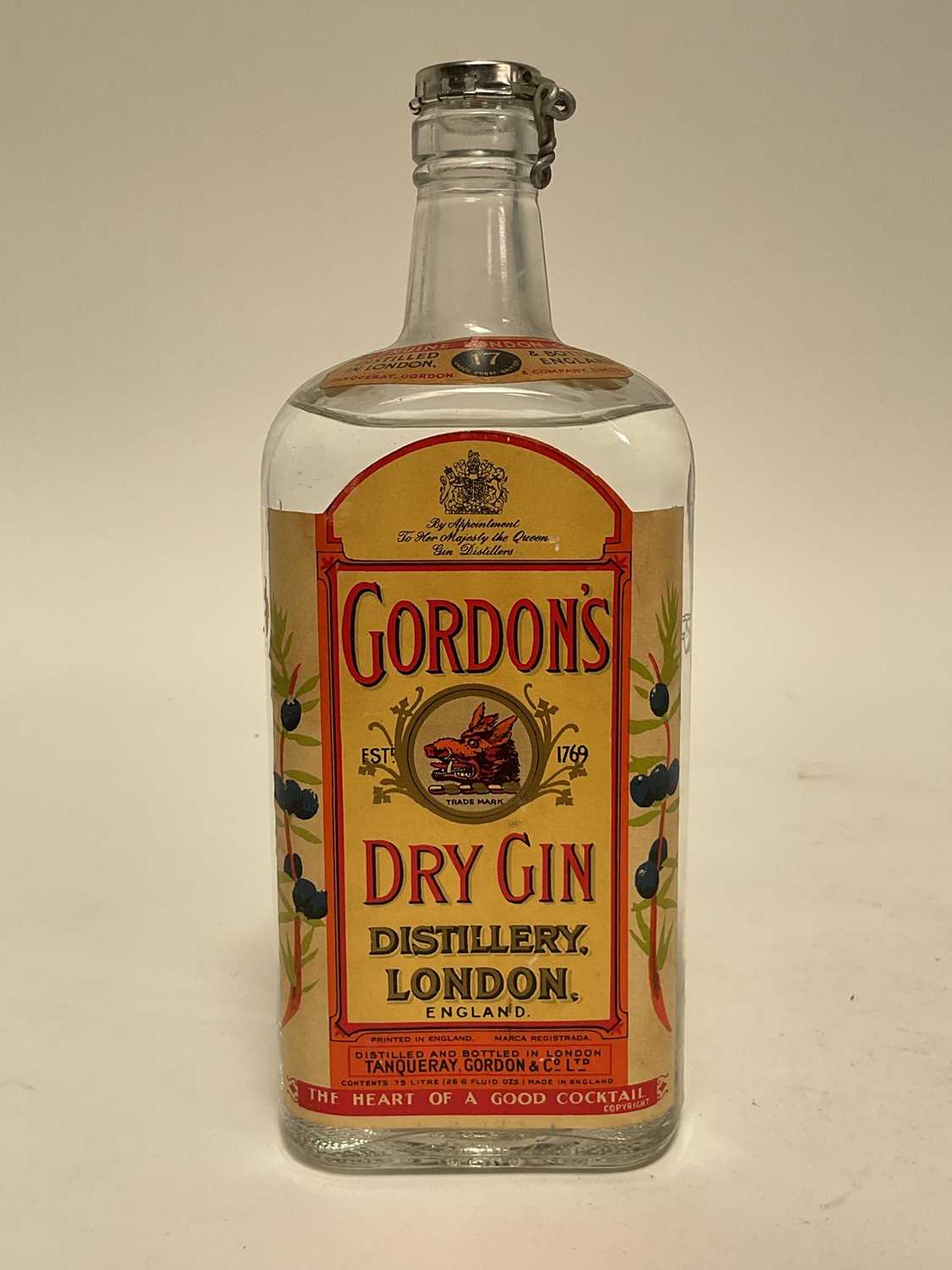 Lot 25 - One bottle, Gordon's Dry Gin, with unusual spring cap, .75cl