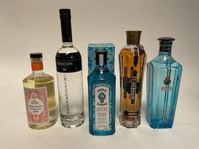 Lot 116 - Five bottles, Brecon Special Reserve Gin, St. Germain elderflower liquor, Bombay Sapphire Star of Bombay and English Estate and a bottle of Greyson's Seville orange and Persian lime gin