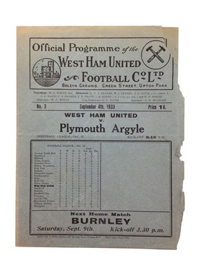 Lot 149 - West Ham v Plymouth Argyle September 4th 1933 Football League Division II