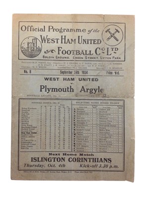 Lot 150 - West Ham v Plymouth Argyle September 29th 1934 Football League Division II