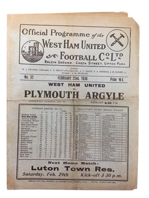 Lot 151 - West Ham v Plymouth Argyle February 22nd 1936 Football League Division II