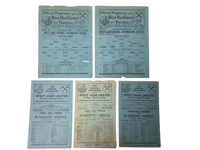 Lot 154 - West Ham v Plymouth Argyle 16th February 1946 Football league South, 28th December 1946, 27th March 1948, 18th September 1948, 31st December 1949, all Football League Division II (5)