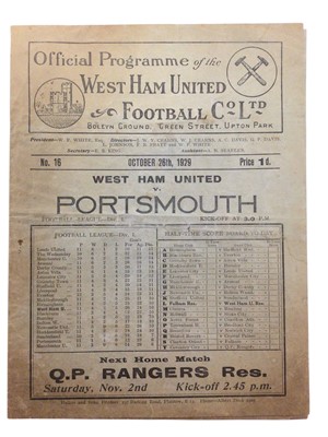 Lot 155 - West Ham v Portsmouth October 26th 1929 Football League Division I