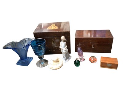 Lot 242 - Wooden sewing box, another wooden box, Mdina glass goblet, Lladro figure and other glass items.