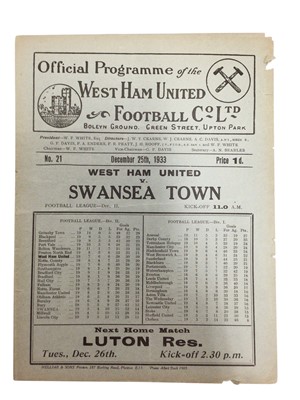 Lot 161 - West Ham v Swansea Town December 25th 1933 Football League Division II