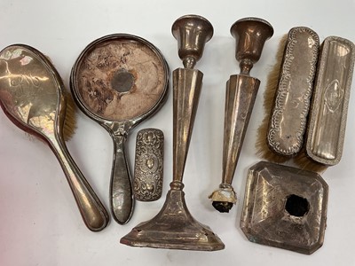 Lot 1044 - Group of silver mounted dressing table items and a pair of silver candlesticks