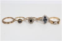 Lot 3265 - Five gold (9ct) diamond and sapphire rings