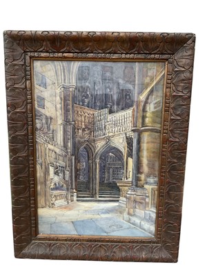 Lot 909 - E Agar - watercolour, Westminster Abbey interior