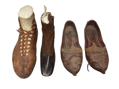 Lot 2103 - Small collection of antique shoes including Victorian children's shoes and hobnail leather boot , Chinese silk