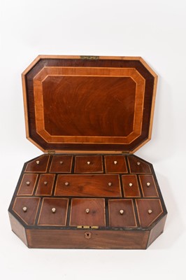 Lot 755 - 19th century mahogany box of rectangular form, with canted corners and inlaid and crossbanded decoration, hinged lid and fitted interior containing an arrangement of 15 compartments, each with a...