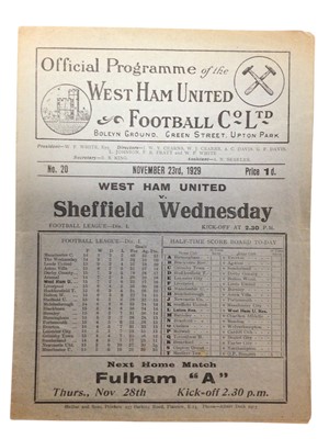 Lot 177 - West Ham v Sheffield Wednesday November 23rd 1929 Football League Division I