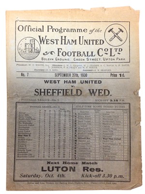 Lot 178 - West Ham v Sheffield Wednesday September 27th 1930 Football League Division I