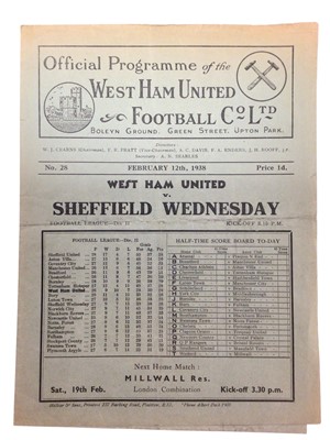 Lot 180 - West Ham v Sheffield Wednesday February 12th 1938 Football League Division II