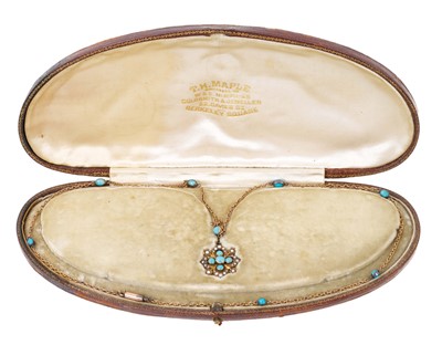 Lot 423 - Edwardian gold pearl and turquoise necklace in fitted box