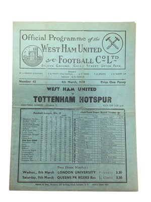 Lot 196 - West Ham v Tottenham Hotspur 4th March 1939 Football League Division II