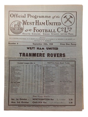 Lot 199 - West Ham v Tranmere Rovers September 24th 1938 Football League Division I