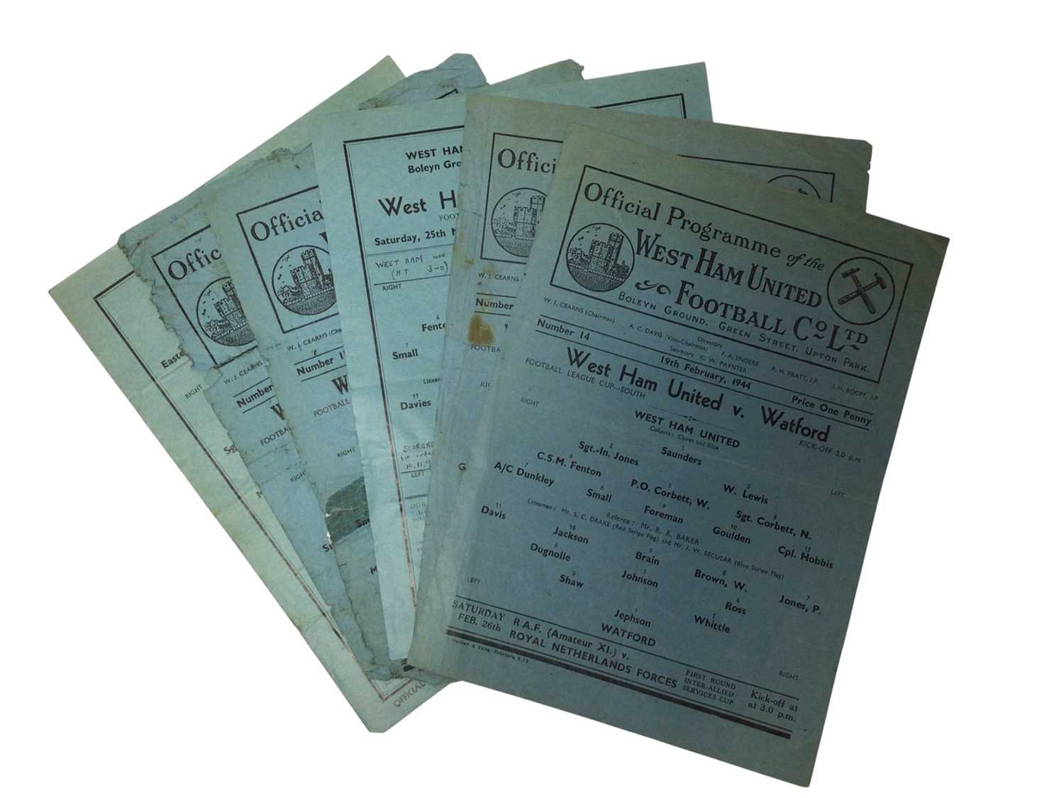 Lot 203 - West Ham v Watford 14th April 1941 South Regional League, 24th October 1942, 6th March 1943, 19th February 1944, Football League Cup South, 25th November 1939 Football League Regional Competitio...