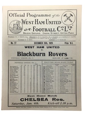 Lot 209 - West Ham v Blackburn Rovers December 28th 1929 Football League Division I - Ex binder