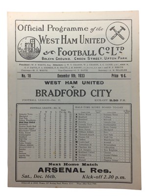 Lot 212 - West Ham v Bradford City December 9th 1933 Football League Division II - Ex binder