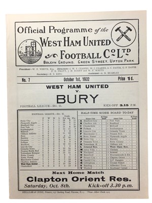 Lot 216 - West Ham v Bury October 1st 1932 Football League Division II - Ex binder