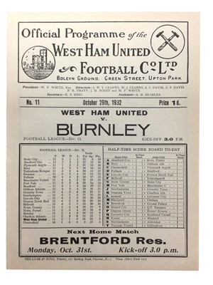 Lot 217 - West Ham v Burnley October 29th 1932 Football League Division II - Ex binder
