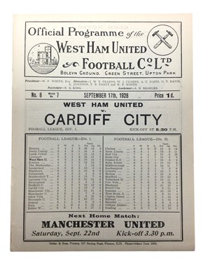 Lot 218 - West Ham v Cardiff City September 17th 1928 Football League Division I - Ex binder