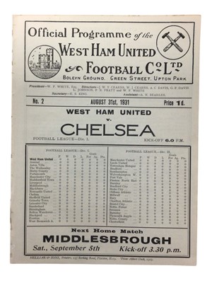 Lot 219 - West Ham v Chelsea August 31st 1931 Football League Division I - Ex binder