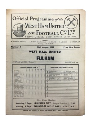 Lot 222 - West Ham v Fulham 28th August 1939 Football League Division II - Ex binder