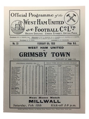 Lot 223 - West Ham v Grimsby Town February 8th 1930 Football League Division I - Ex binder